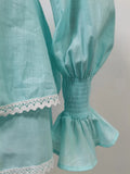Two Piece Set for Women Square Collar Lantern Sleeve Patchwork Lace Up Slim Top High Waist Shorts Sheer Suit Female