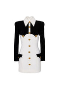 Women's Gold Button Black White Color Matching Dress Fashion Personality Bandage Evening Gown Performance Costume Abiti Da Festa