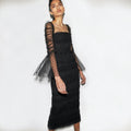 Women's Black Sheer Mesh Trumpet Sleeve Square Neck Waist-Cinching Dress Elegant Evening Performance Gown Vestidos De Bienvenida