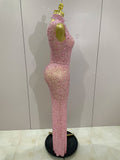 Luxury Sparkly Crystal Diamond Mesh See Through Maxi Long Dress Women Elegant Party Costume Singer Sexy Stage Performance Outfit