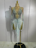 Sexy Mesh See Through Sparkly Rhinestone Tassel Long Sleeves Mini Dress 2026 Women Latin Dance Nightclub Party Club Stage Wear