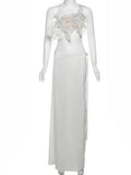 Sequin Flowers 2Piece Set Women Sexy Beach Vacation y2k Chic Skew Collar Tank Tops+Bandage Maxi Split Skirts Clubwear