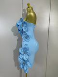 Luxury Chic 3D Beaded Flower Strapless Short Bodycon Bandage Dress Elegant Formal Party Prom Gown Birthday Wedding Guest Dresses