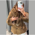 Retro Suede Faux Fox Fur Collar Blazer Coat Long Sleeve Double Breasted Fluffy Furs Cuff Women Fashion Jacket 2026 Chic Outfits