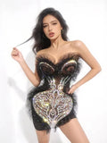 Sexy Strapless Black Mesh See Through Mini Dress Women Eveing Luxury Sparkly Diamonds Birthday Bar Party Nightclub Stage Costume