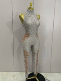 Luxury Stage Outfit Women Celebrate Evening Birthday Party Nightclub Dance Sexy Sparkly Rhinestones Sleeveless Sheath Jumpsuit