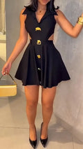Women Stylish Short Skirts Metal Buckle Buttoned Formal Outwear Ladies Hollowed-out Lapel Shirt Party Evening A-Line Dress