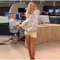Women Rainbow Stripe Hooded Knit Cardigan Zip Front Drop Shoulder Side Pocket Loose Jacket Multicolor Textured Casual Daily Wear
