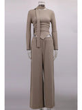 Solid Two Piece Set for Women Slash Neck Irregular Hem Long Sleeve Top High Waist Straight Pant Casual Suit Female