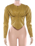 Luxury PU Crop Jacket Women Irregular Waist-Cinch Spring Wild Zip Full Sleeve Streetwear Office Lady Classic Coat