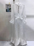 Solid Chic Soft Floral Hollow Out Sheer Flowy Shirt Midi Dress For Women Lapel Long Sleeve Belted Ruffle Hem Vacation Outfit