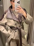 Grey Contrast Cropped Trench Coat Women Lapel Double Breasted Jacket Lady Autumn Winter Daily Lady Streetwear Outerwear 2026 New