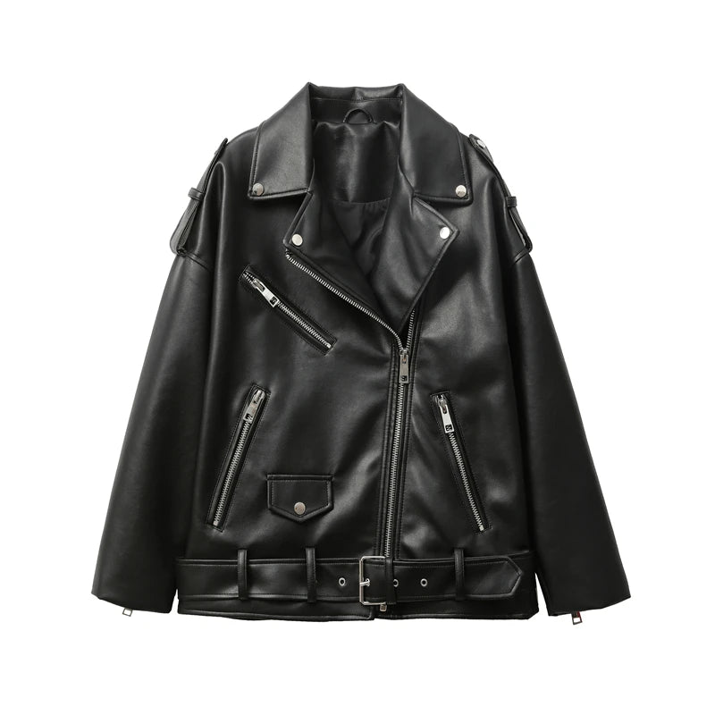 Women's Motorcycle Leather PU Imitation Leather Loose Jacket Black Jacket