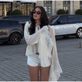 Ruffle Trim Sheer Long Sleeve Cropped Blouse Cuff Tie-Front Sheer Chiffon 2026 Summer Coquette Women Beach Casual Cover-Up Top