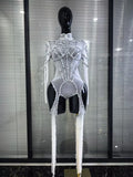 Red Black Women Long Sleeve Sexy Mesh See Through Sparkly Crystal Bodycon Jumpsuit Celebrate Nightclub Bar Dance Stage Wear