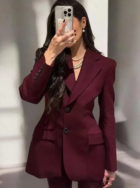 Burgundy Slim Fit Women Blazer Notched Lapel Single Breasted With Pockets Loose Hem Elegant Coat Banquet Outfit Female Clothing