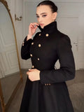 Elegant Stand Collar Metal Button Maxi Coat Lady Double Breasted Cinched Waist A-line Flared Overcoat Fall Date Party Outerwear