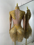 Women Sexy Long Sleeve Spandex Beading Tassels Skiny Bodysuit Performance Dance Costume Nightclub Party Outfit