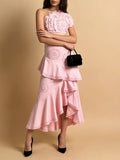 Elegant Pink Two Piece Set for Women Lace Trim Tube Top Asymmetrical Tiered Ruffles Midi Skirt Outfits for Beach Getaways
