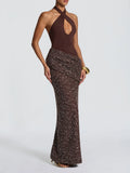Glam Halter Cutout Maxi Dress for Women Solid Sleeveless Bodice Sequin Draped Wrap Skirt Back Slit for Evening Occasions