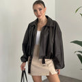 Fashion Leather Jacket Women's Vintage Faux Leather Bomber Jacket Solid Zipper Lapel Long Sleeves Autumn High Street Coat