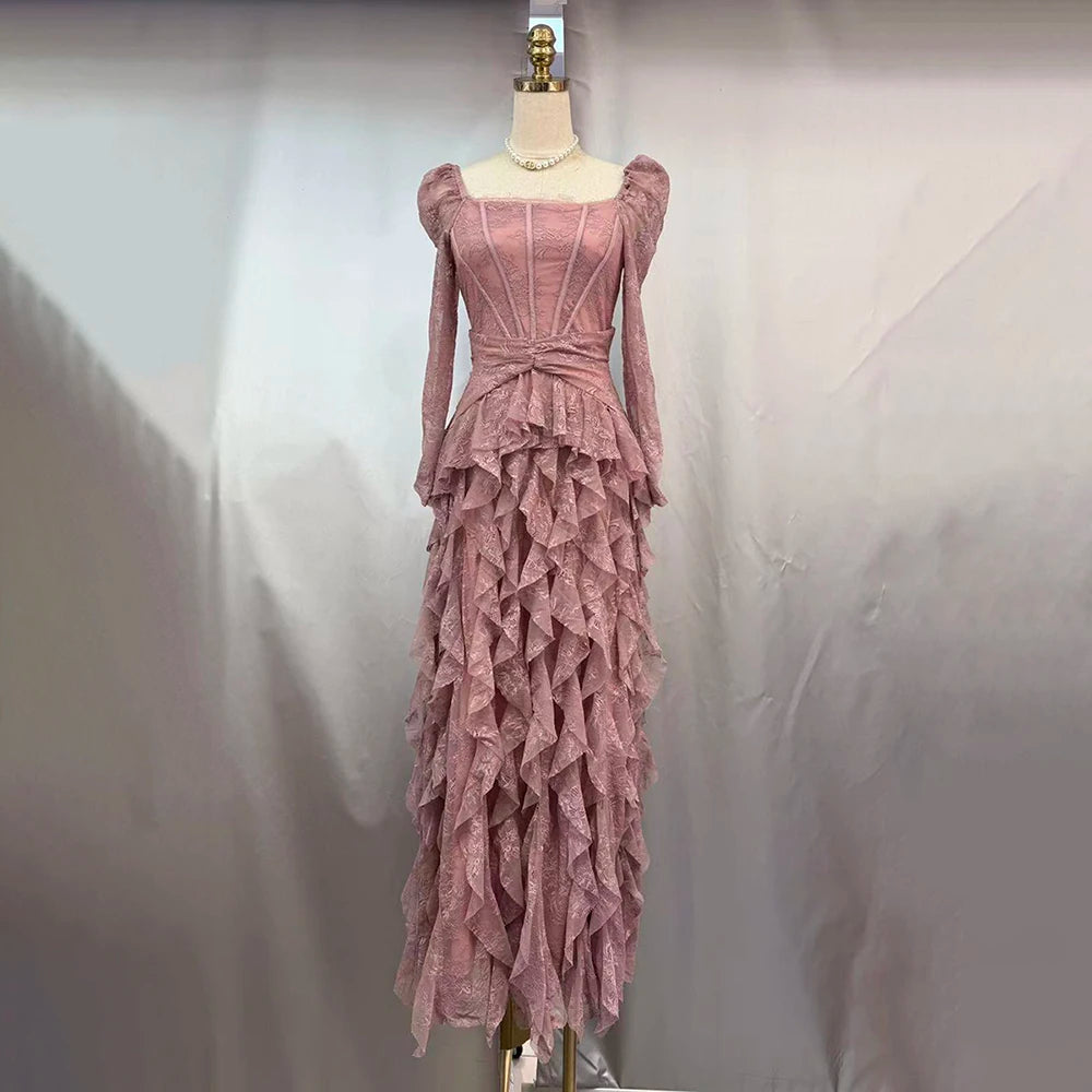 Wedding Guest Pink Square Collar Lace Maxi Dress for Women Corset Bodice Long Sleeve Tiered Ruffle Skirt for Luxury Dinner