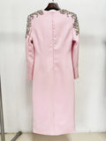 New Arrivals Fashion Luxury Diamond Slim Midi Dress Pink Women'S Long Sleeves Female Formal Dinner Gowns