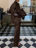 Brown Spliced Folds Two Piece Set Female Lapel Long Sleeve Shirt Vintage Commute Women's Trousers Sets Fashion New