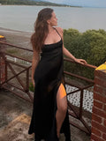 Elegant Satin Lace Long Dresses Women's Slip Backless Bandage High Slit Prom Maxi Dress Evening Party Night Out White Black
