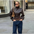 Fashion Women's Cropped Jacket Coat Faux Leather Stand Collar Long Sleeve Biker Style PU Leather Coats Streetwear Outerwear Top