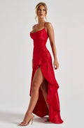 Sexy Satin Long Dress Luxury Ruffles Backless Bandage Evening Dresses Red Burgundy Blue Wedding Guest Cocktail Party Summer New
