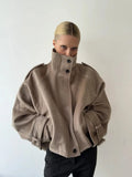 Solid Loose Basics Woolen Coat for Women Stand Collar Long Sleeve Patchwork Single Breasted Casual Jackets Female