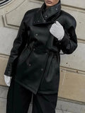 Black Slimming Leather Jacket for Women Lapel Long Sleeve Patchwork Double Breasted Fashionable Coat Female Autumn