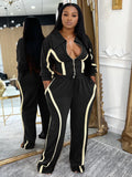 Casual Tracksuit 2-Piece Set Women Stripe Patchwork Zip Lapel Crop Jacket+Drawstring Pants Matching Sporty Outfits
