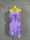 Strapless 3D Handmade Flower RhinestoneBandage Mini Dress Women Sky CorsetBodycon Short Cocktail Party Evening Dress