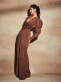 Women Brown Beaded Corset Design Maxi Dress V Neck Long Sleeves Waist Cinching Slim Dresses Fashion Evening Party Gowns