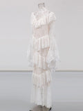 2026 New Elegant Design Sense Flare Sleeve Stand Collar Ruffle Lace Slim Long Dress Women's Wedding Banquet Festival Gown