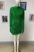 Women's Green Sequined Velvet Long Sleeve Turtleneck Mini Dress Fashion Hot Party Evening Stage Performance Gown Robes De Soirée