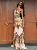 Sexy Fashion Long Dress Woman Leopard Print Lace-Up Halter Backless Sleeveless Shape Waist Ruffles Elegant Vestidos