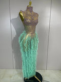 Women Sparkly Rhinestone Eveing Birthday Party Nightclub Bar Stage Costume Sexy Sleeveless Mesh Ruffled See Through Long Dress