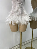 Women Sexy Halter Beading Feather Tight Bodysuit Nightclub Performance Leotard Luxury Party Celebrate Stage Wear