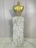 Luxury Sparkly Rhinestones Feathers Long Tail Dress Sexy Mesh Transparent Stage Bodysuit Evening Party Celebrate Birthday Dress