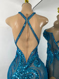 Women Sexy Sparkly Crystal Sequins Sleeveless Mesh See Through High Split Long Birthday Dress Dancer Performance Stage Costume