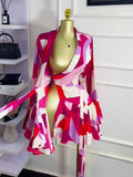 Women Tie Dye Print Flare Long Sleeve Wrap V-neck with Sashes Ruffle Dress 2026 Elegant Vacation Party Birthday Dresses