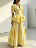 V Neck Puff Short Sleeve Maxi for Dress Women Ruched Fitted Waist Tiered Double Ruffle Hem for Summer Daily Party Occasion