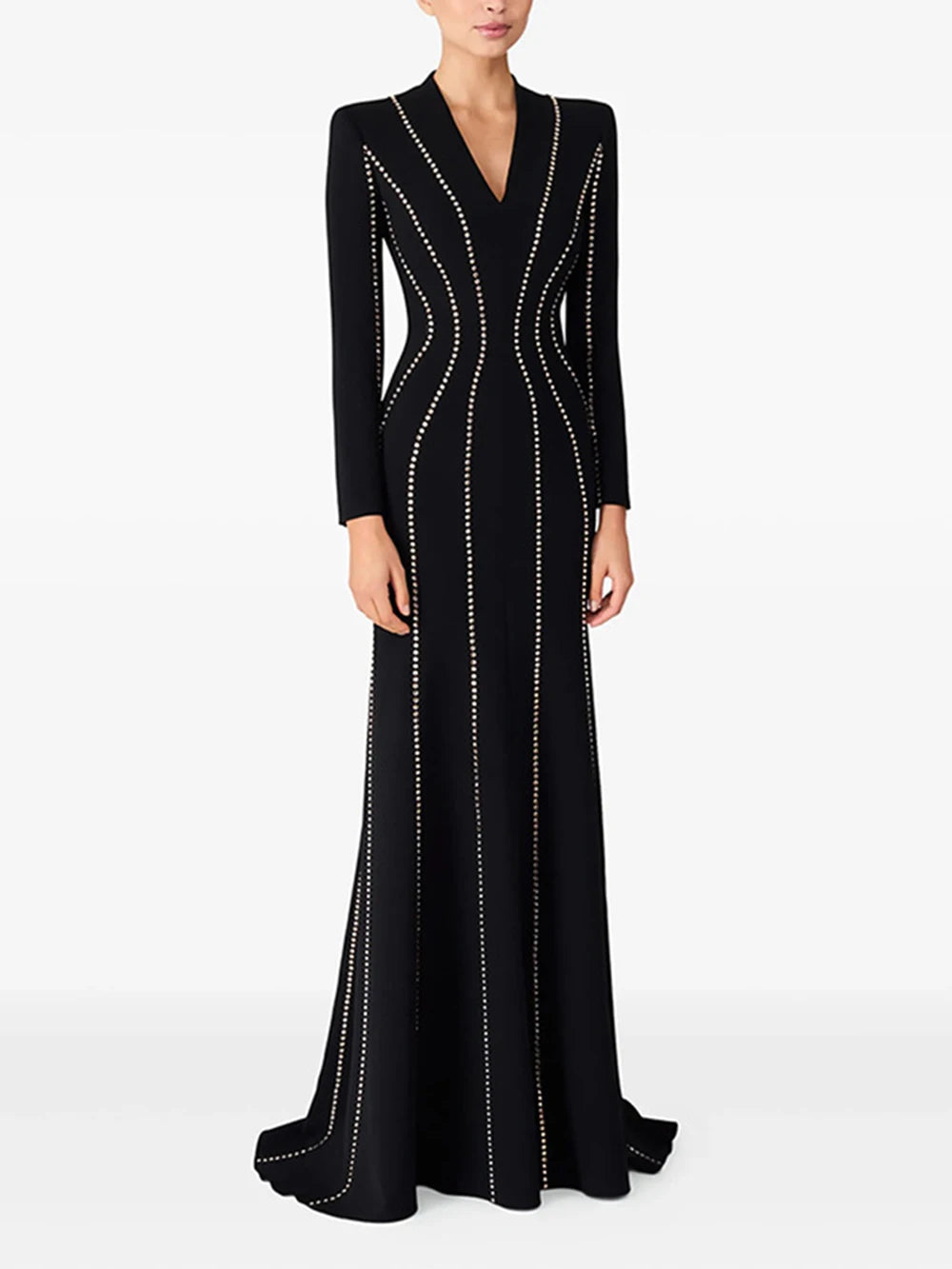 Black Diamond V-Neck Long Women'S Dress Elegant Long Sleeved V Neck High Waist Formal Dinner Evening Gown Chic Lady 2026