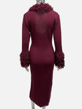 Knit Furry Patchwork Dress Women Deep V-Neck Sexy Elegant Christmas Party Winter Trend Stretch Skinny Maxi Bodycon