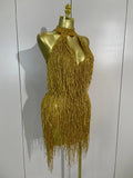 Shiny Rhinestone Tassel Gold Mini Dress Women Elegant Prom Gown Evening Party Sexy Nightclub Birthday Photoshoot Stage Costumes
