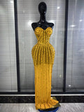 Sparkly Red Golden Big Crystal Women Strapless Mesh See Through Bodycon Long Maxi Dress Elegant Evening Party Cocktail Outfit