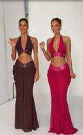 Women Metallic Trim 2 Piece Set Halter Deep V Cutout Crop Top High Waist Ruched Draped Mermaid Skirt Suit Lady Evening Outfit